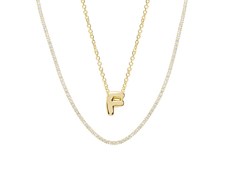 White Cubic Zirconia 14k Yellow Gold Over Brass Initial "F" Necklace Set 4.05ctw