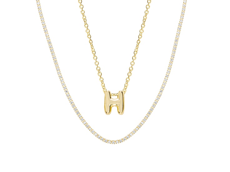 White Cubic Zirconia 14k Yellow Gold Over Brass Initial "H" Necklace Set 4.05ctw