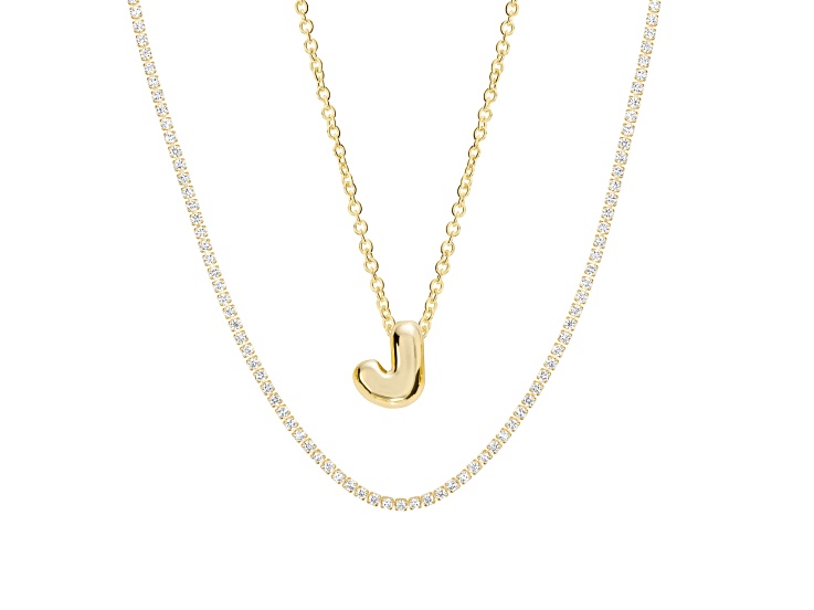 White Cubic Zirconia 14k Yellow Gold Over Brass Initial "J" Necklace Set 4.05ctw