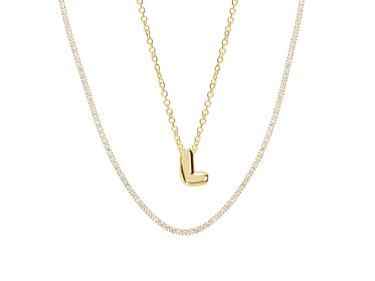White Cubic Zirconia 14k Yellow Gold Over Brass Initial "L" Necklace Set 4.05ctw