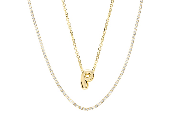 White Cubic Zirconia 14k Yellow Gold Over Brass Initial "P" Necklace Set 4.05ctw