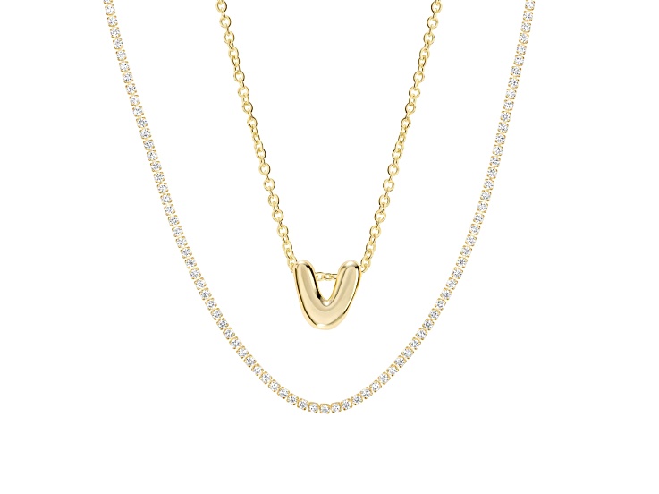 White Cubic Zirconia 14k Yellow Gold Over Brass Initial "V" Necklace Set 4.05ctw