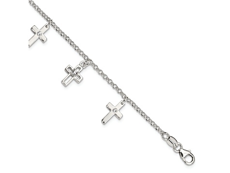 Sterling Silver Polished Cubic Zirconia Crosses with 1-inch Extensions Children's Bracelet