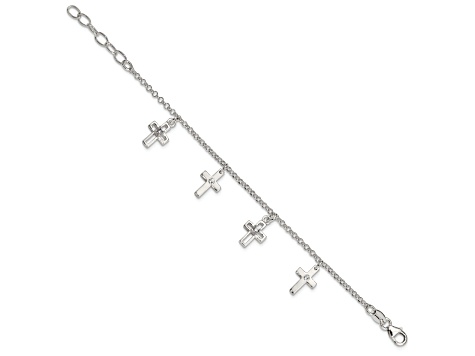 Sterling Silver Polished Cubic Zirconia Crosses with 1-inch Extensions Children's Bracelet