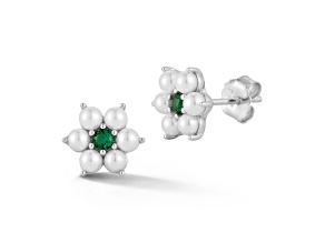 Rachel Zoe Rhodium Over Sterling Silver Freshwater Pearl and Cubic Zirconia Flower Studs