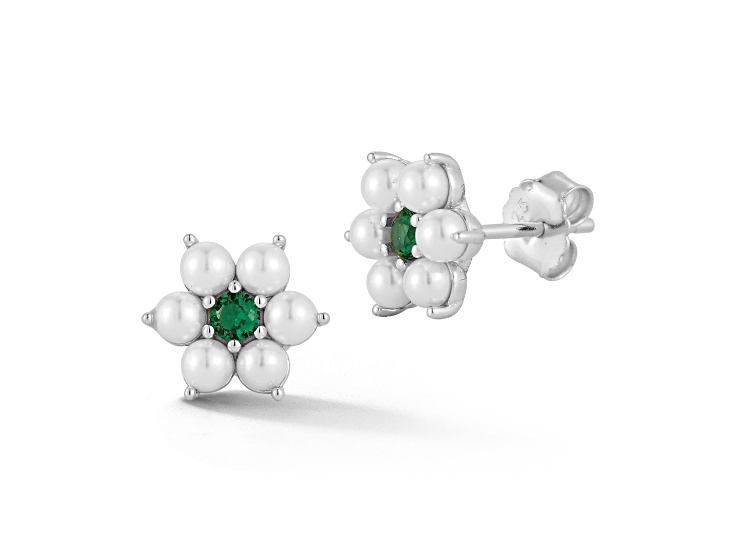 Rachel Zoe Rhodium Over Sterling Silver Freshwater Pearl and Cubic Zirconia Flower Studs