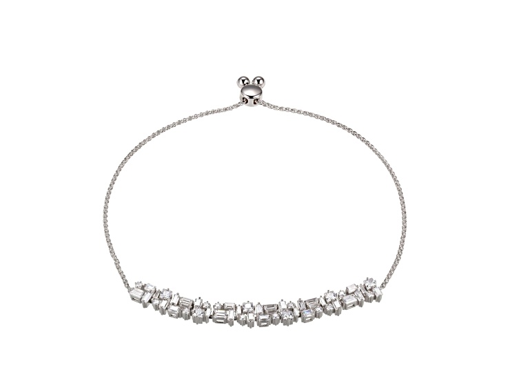 White Lab Created Sapphire Rhodium Over Sterling Silver Bolo Bracelet