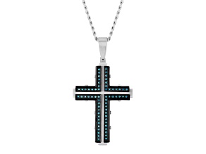 Two-tone Stainless Steel and Blue Diamond Riveted Cross Pendant With Chain 1/3ctw