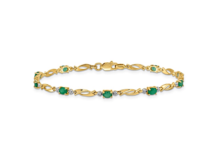 14k Yellow Gold and Rhodium Over 14k Yellow Gold Diamond and Oval Emerald Bracelet