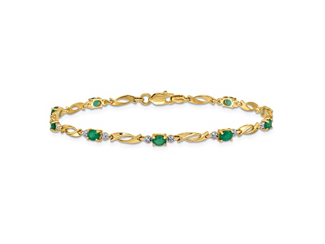 14k Yellow Gold and Rhodium Over 14k Yellow Gold Diamond and Oval Emerald Bracelet