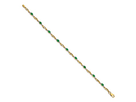 14k Yellow Gold and Rhodium Over 14k Yellow Gold Diamond and Oval Emerald Bracelet