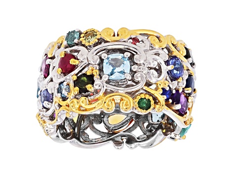 Multi Gemstone Rhodium & 24K Yellow Gold Over Palladium Sterling Silver Two-Tone Ring 3.25ctw