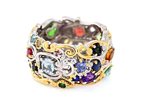 Multi Gemstone Rhodium & 24K Yellow Gold Over Palladium Sterling Silver Two-Tone Ring 3.25ctw