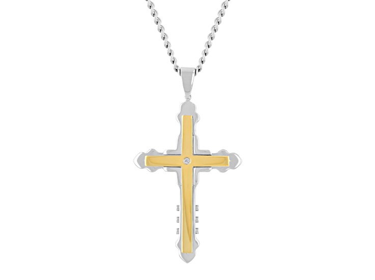 Yellow Stainless Steel and Diamond Accent Cross Pendant With Chain