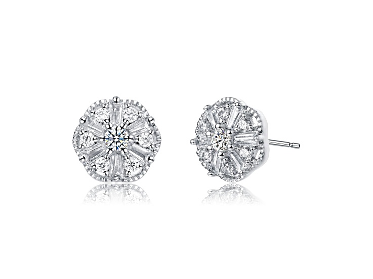 Clear Cubic Zirconia, Rhodium Plated over Brass Vintage Pinwheel Cluster Stud Earrings