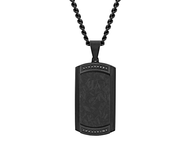 Black Ion-Plated Stainless Steel and 0.10ctw Black Diamond Forged Carbon Fiber Dog Tag