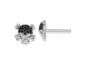 Picture of Rhodium Over Sterling Silver Black Cubic Zirconia Skull Post Earrings