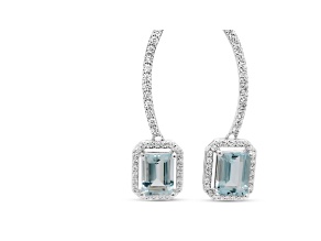 Aquamarine and CZ Octagon Rhodium Over Sterling Silver Dangle Stud Earrings, 2.80ctw