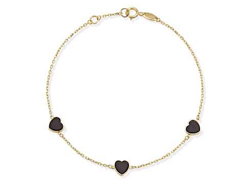 Bellissima Gold 14K Yellow Gold Onyx Triple Heart Station Bracelet