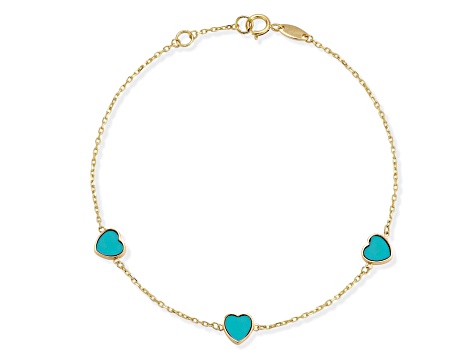 Bellissima Gold 14K Yellow Gold Turquoise Triple Heart Station Bracelet
