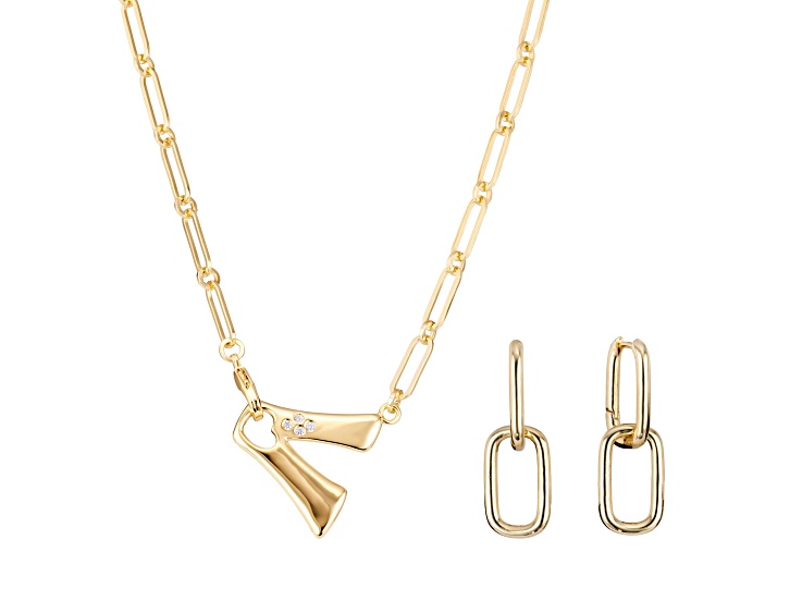 White Cubic Zirconia 14k Yellow Gold Over Brass Initial "V" Jewelry Set 0.12ctw