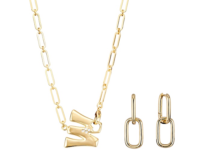 White Cubic Zirconia 14k Yellow Gold Over Brass Initial "W" Jewelry Set 0.12ctw