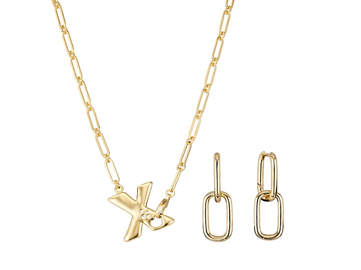 White Cubic Zirconia 14k Yellow Gold Over Brass Initial "X" Jewelry Set 0.12ctw
