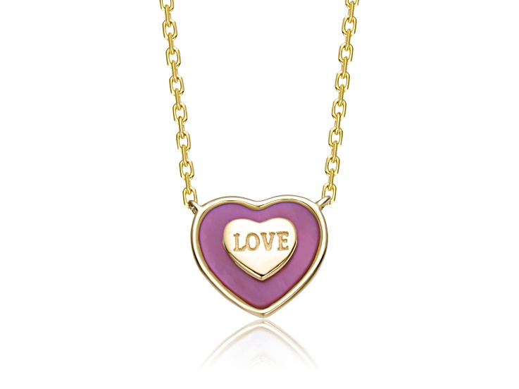 Pink Enamel, 14K Gold Plated over Brass "LOVE" Inscription Heart Design Necklace For Kids