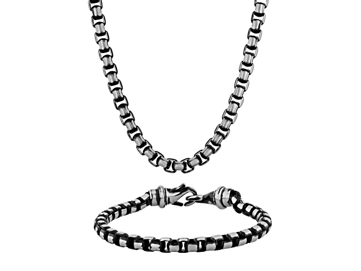 Black Ion-Plated Stainless Steel Antiqued Rounded Box Link Chain Necklace and Bracelet Set