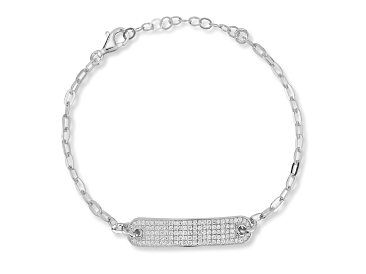 Rachel Zoe Rhodium Over Sterling Silver Cubic Zirconia Pave ID Bar Paperclip Chain Bracelet