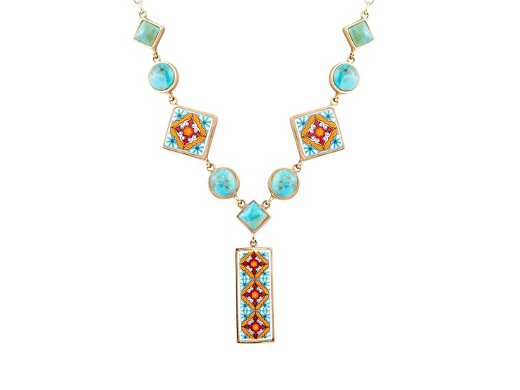 Barse Jewelry Blue Composite Turquoise Talavera Tile Inspired Gold Tone Y-Neck Necklace