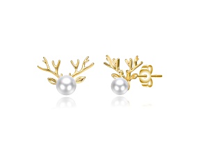 White Pearl, 14K Gold Plated over Brass Reindeer Horn Design Stud Earrings