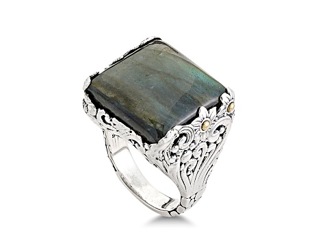 Silver Treasures by Samuel B. Labradorite Sterling Silver, 18K Yellow Gold Cushion Flower Ring 18ctw
