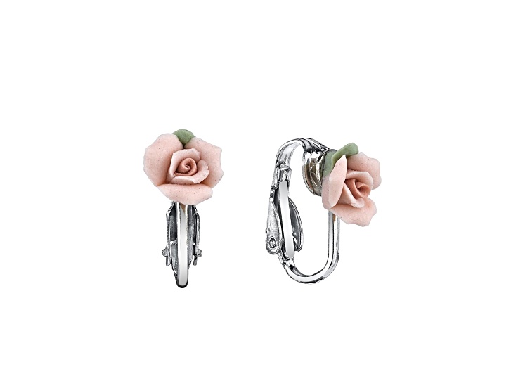 1928 Jewelry Silver-Tone Porcelain Pink Rose Clip-On Earrings
