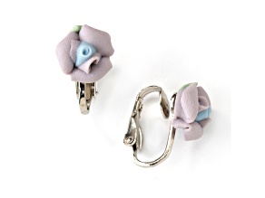 1928 Jewelry Silver-Tone Porcelain Purple Rose Clip-On Earrings