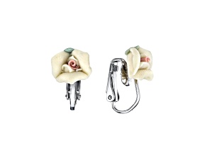 1928 Jewelry Silver-Tone Porcelain Ivory Rose Clip-On Earrings