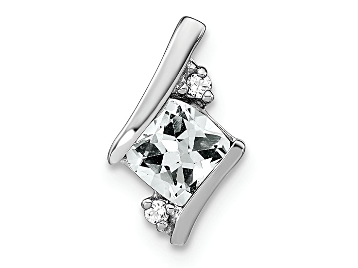 Rhodium Over 10k White Gold 0.52 ctw Cushion White Topaz and Diamond Chain Slide Pendant