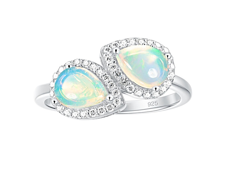 Pear Ethiopian Opal Rhodium Over Sterling Silver Halo Bypass Ring