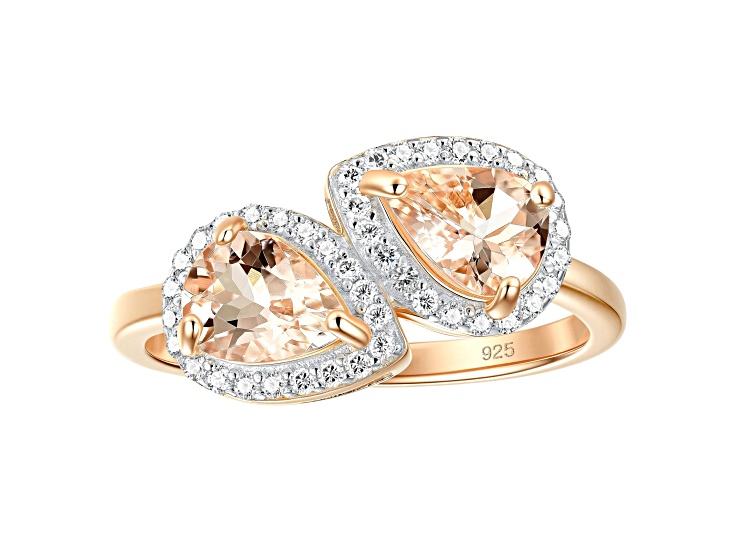 Pear Morganite 14K Rose Gold Over Sterling Silver Halo Bypass Ring 1.30 Cttw