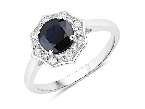 Blue Sapphire and White Diamond 10K White Gold Halo Ring 1.34ctw