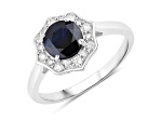 Blue Sapphire and White Diamond 10K White Gold Halo Ring 1.34ctw