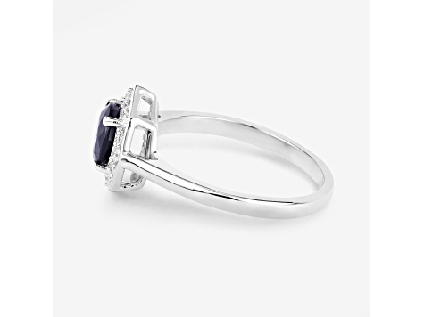 Blue Sapphire and White Diamond 10K White Gold Halo Ring 1.34ctw