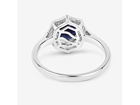 Blue Sapphire and White Diamond 10K White Gold Halo Ring 1.34ctw