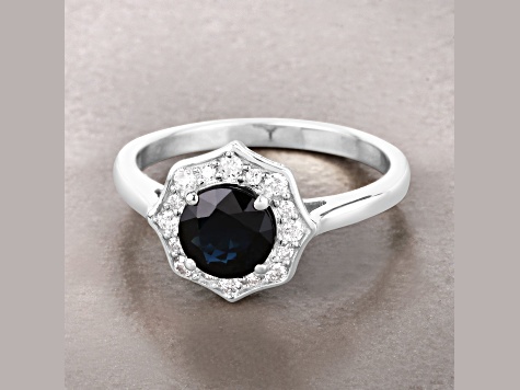 Blue Sapphire and White Diamond 10K White Gold Halo Ring 1.34ctw