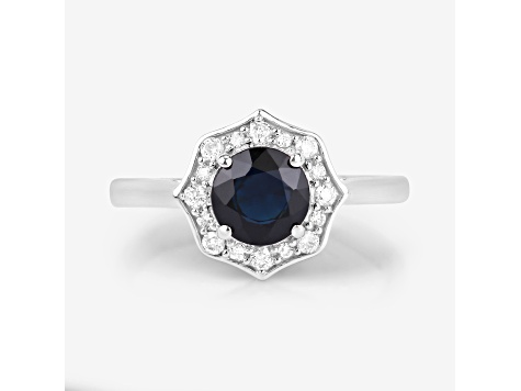 Blue Sapphire and White Diamond 10K White Gold Halo Ring 1.34ctw