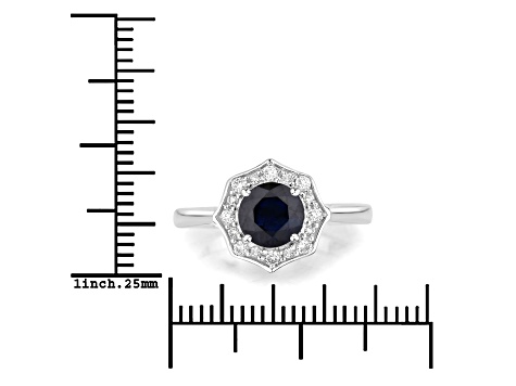 Blue Sapphire and White Diamond 10K White Gold Halo Ring 1.34ctw