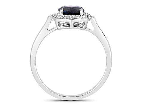 Blue Sapphire and White Diamond 10K White Gold Halo Ring 1.34ctw