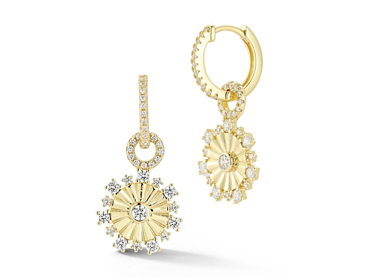 Rachel Zoe 14K Yellow Gold Over Sterling Silver Cubic Zirconia Fluted Disk Charm Hoop Earrings