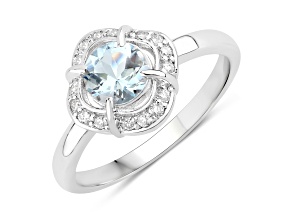 Aquamarine and Lab Grown Diamond Rhodium Over Sterling Silver Halo Ring