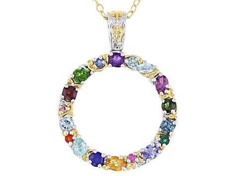Multi Gemstone Rhodium & 24k Yellow Gold Over Palladium Sterling Silver Pendant W/ Chain 1.96ctw